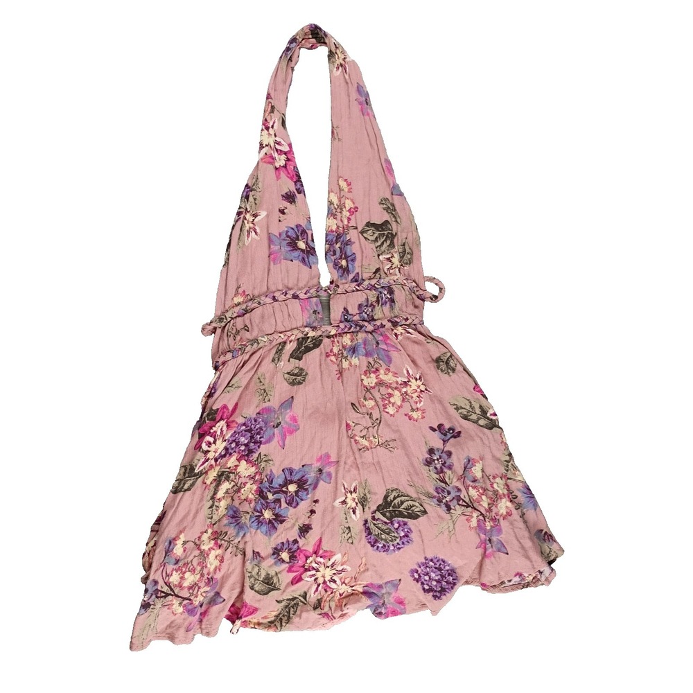 Momni Halter Open Back Large Dress Floral Mini Braided Lined Rayon Summer Deep V